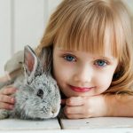 girl lying on white surface petting gray rabbit 1462634